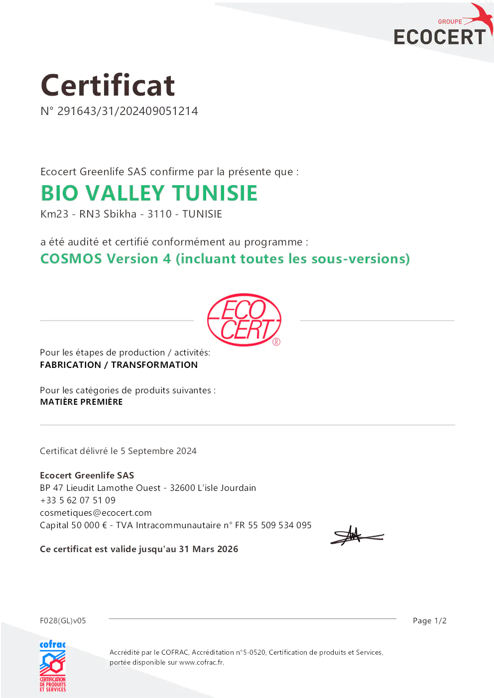 Image du document pdf : certificat cosmos pour bio valley tunisie  