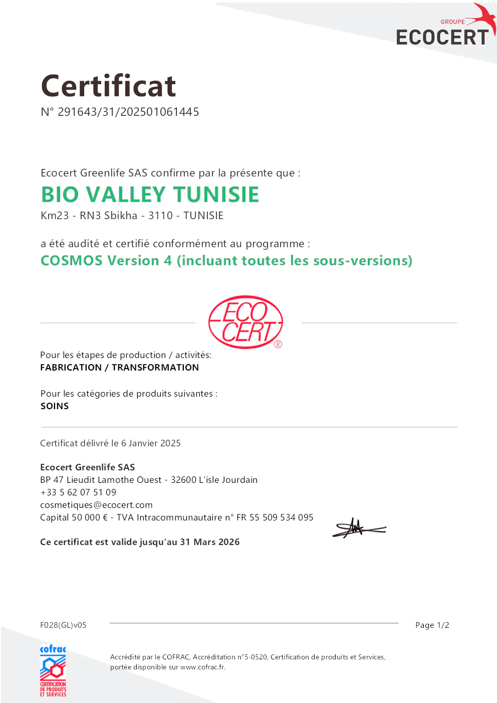 Image du document pdf : certificat cosmos pour bio valley tunisie  